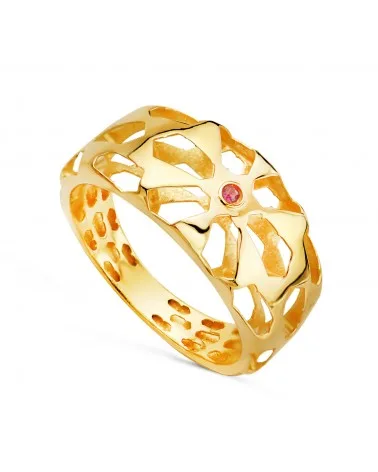 Sortija oro 18k amarillo filigrana calada y rubí natural