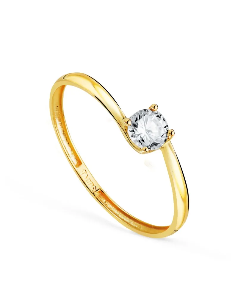 Solitario oro 18k amarillo cuerpo cruzado circonita en 4 garras