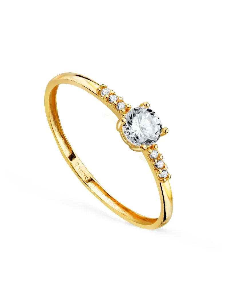 Solitario oro 18k amarillo fino circonita y brazos con circonitas