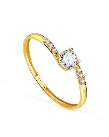 Solitario oro 18k amarillo cuerpo cruzado circonita y brazos con circonitas