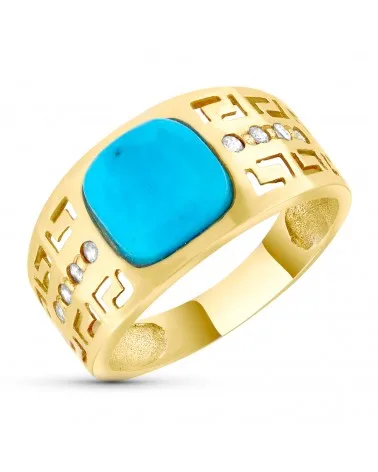 Sortija oro 18k amarillo greca calada y turquesa fina