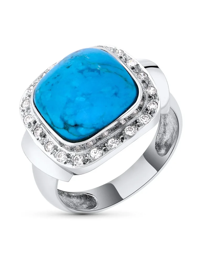 Sortija oro 18k blanco con turquesa de 12 mm y circonitas