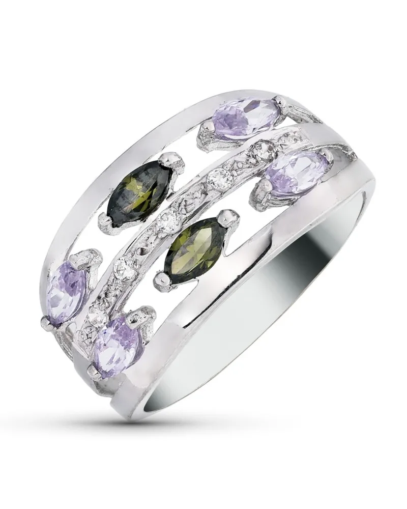 Sortija oro 18k blanco circonitas color olivina y malva