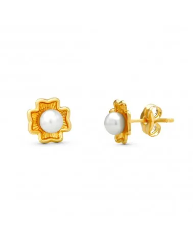 Pendientes oro 18k amarillo trébol perla 7x7 mm