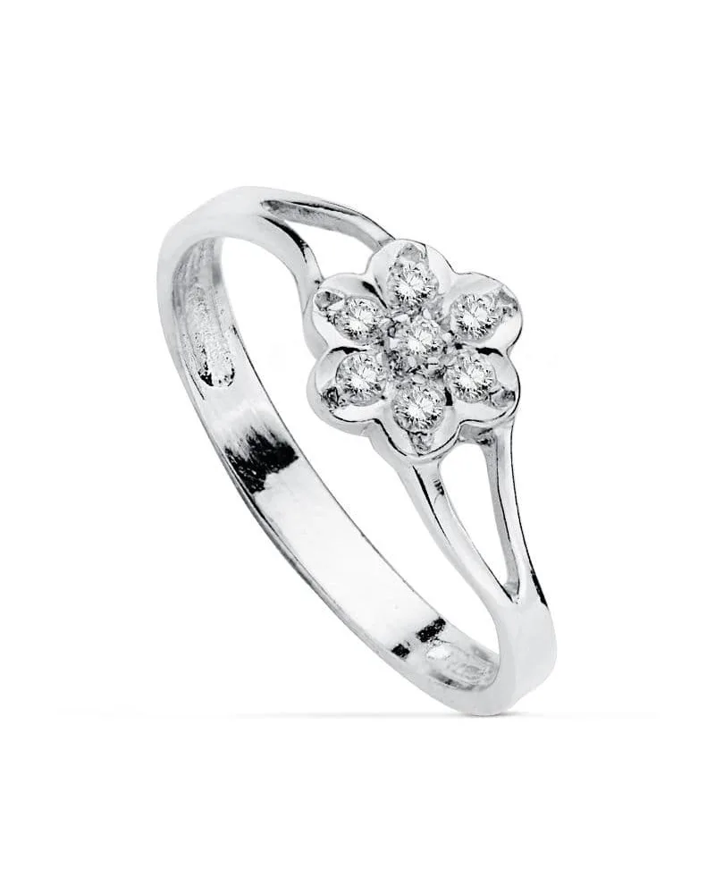 Sortija oro 18k blanco flor y circonitas