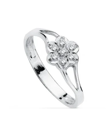 Sortija oro 18k blanco flor y circonitas