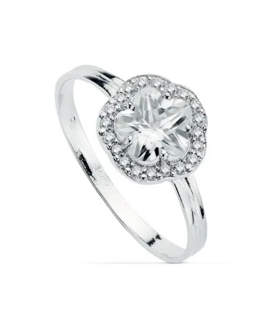 Sortija oro 18k blanco con flor y circonitas