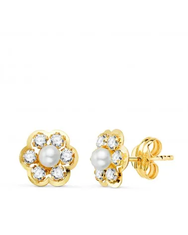 Pendientes oro 18k amarillo flor con perlas 3 mm y circonitas