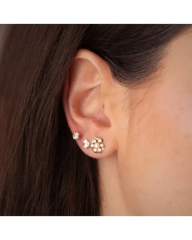 Pendientes oro 18k amarillo flor con perlas 3 mm y circonitas
