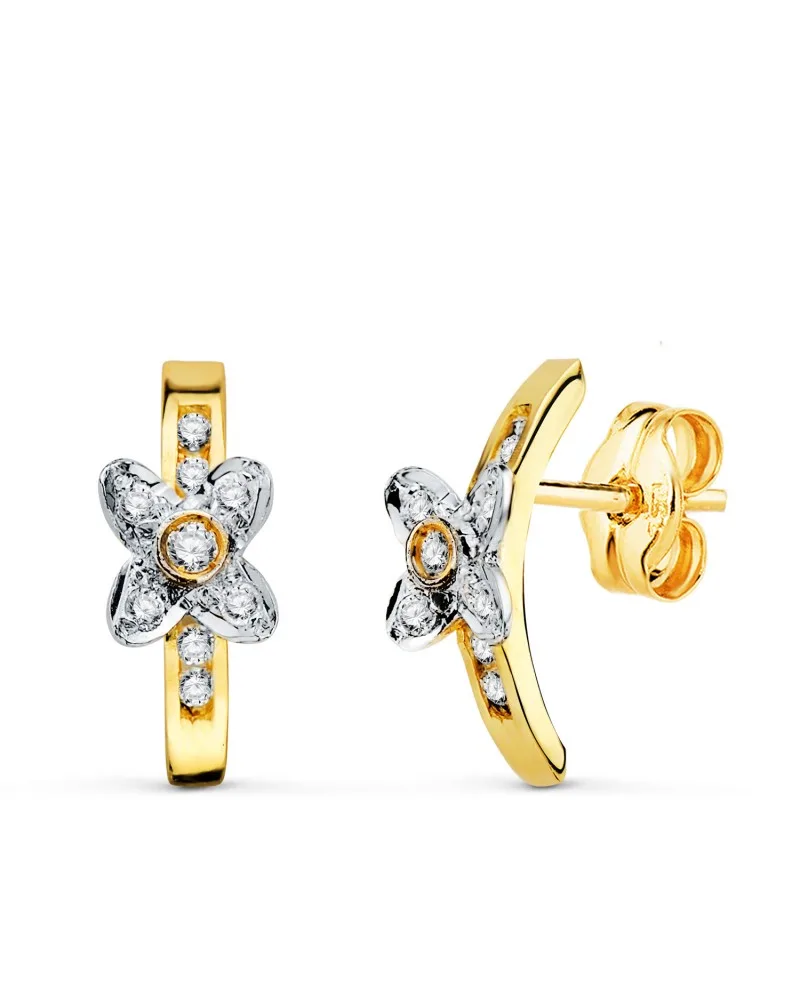 Pendientes oro 18k bicolor mariposa con circonitas