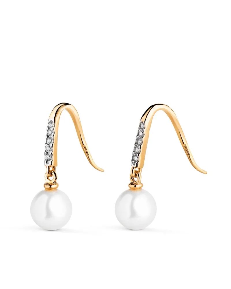 Pendientes oro 18k bicolor medio aro con circonitas y perla 6