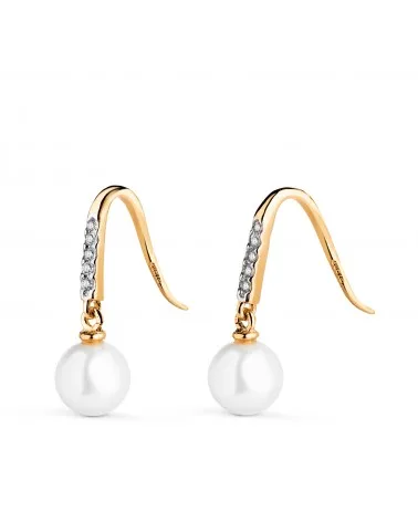Pendientes oro 18k bicolor medio aro con circonitas y perla 6