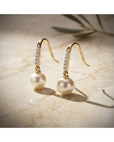 Pendientes oro 18k bicolor medio aro con circonitas y perla 6
