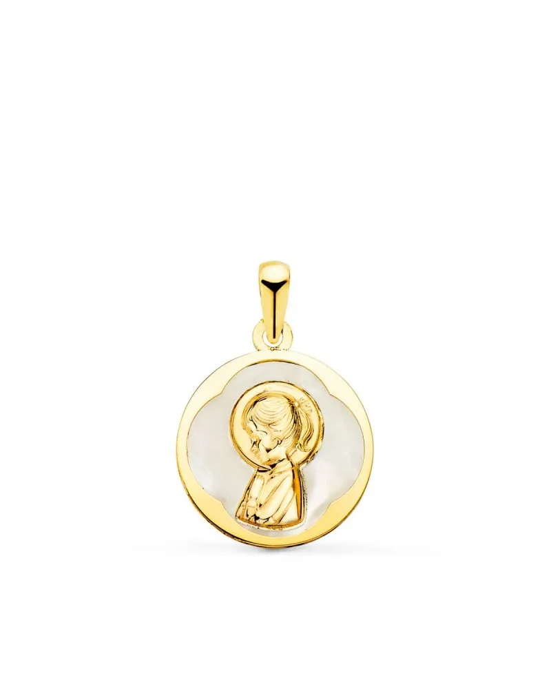 Medalla oro 18k amarillo redonda con nácar blanco y Virgen