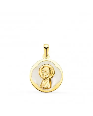 Medalla oro 18k amarillo redonda con nácar blanco y Virgen