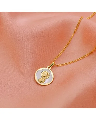 Medalla oro 18k amarillo redonda con nácar blanco y Virgen