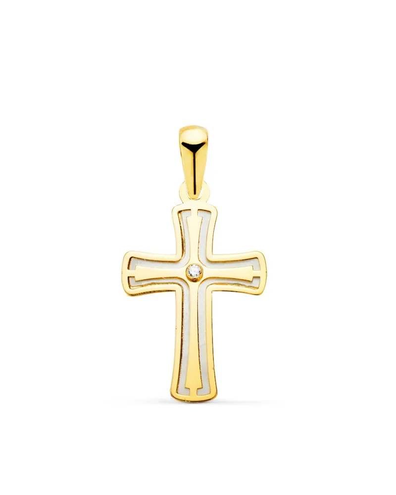 Cruz oro 18k amarillo con nácar y circonita 20x12 mm