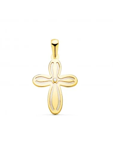Cruz oro 18k amarillo con nácar y circonita 20x14 mm