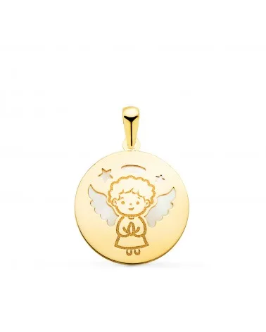 Colgante oro 18k amarillo angelito burlón redondo con nácar