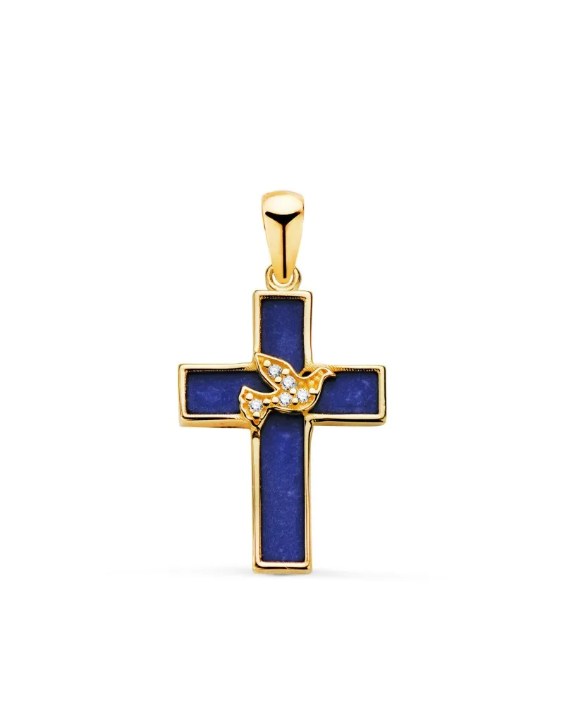 Cruz oro 18k amarillo lapizlazuli y pajaro con circonitas