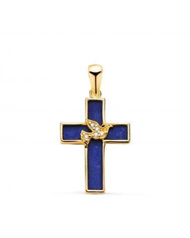 Cruz oro 18k amarillo lapizlazuli y pajaro con circonitas