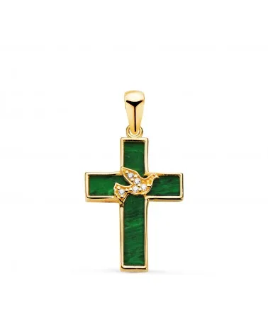 Cruz oro 18k amarillo malaquita y pajaro con circonitas