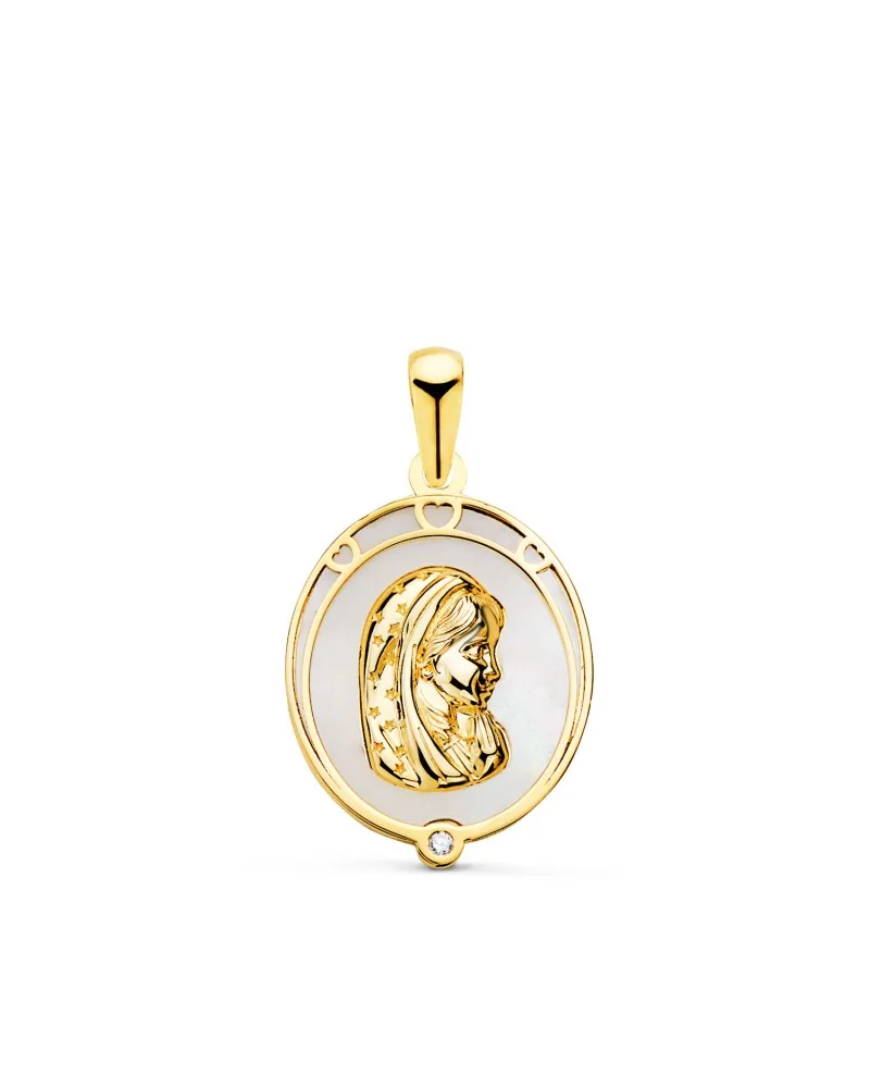 Medalla oro 18k amarillo Virgen Niña oval con nácar blanco