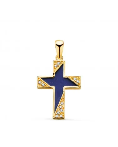 Cruz oro 18k amarillo lapizlazuli detalles con circonitas