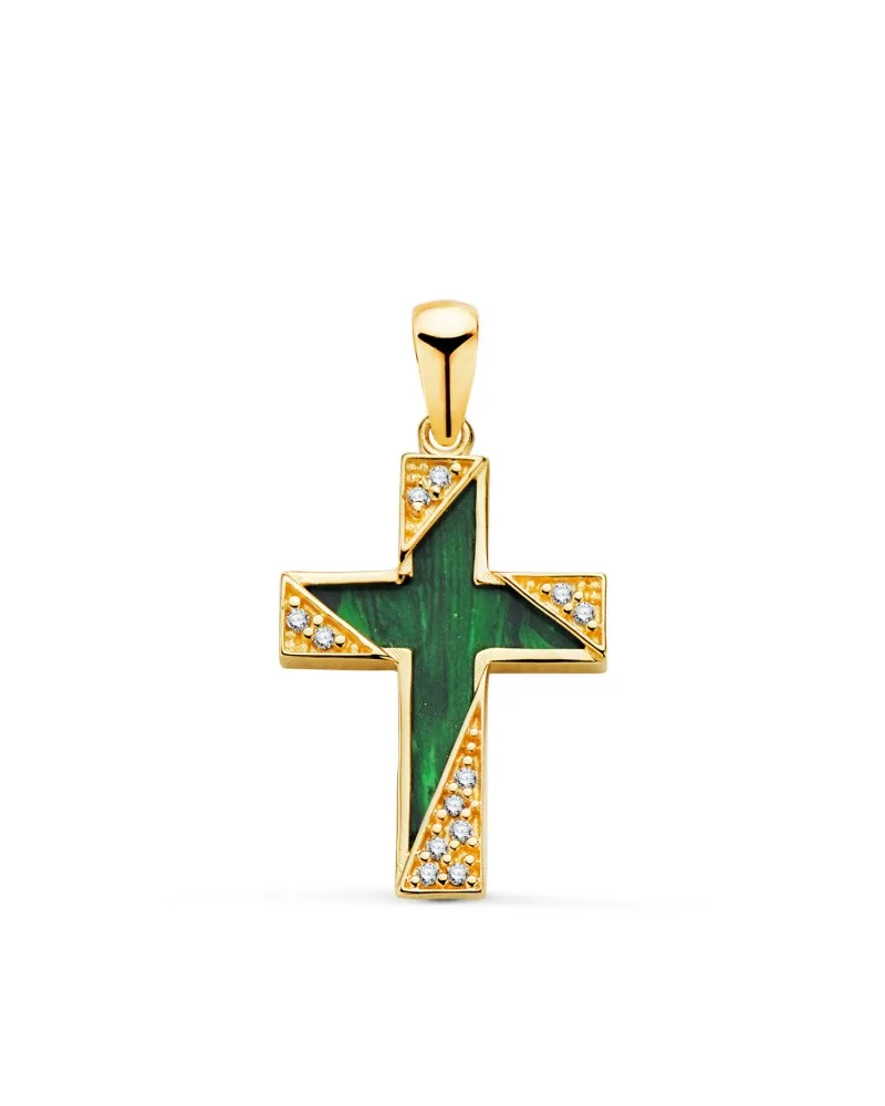 Cruz oro 18k amarillo malaquita detalles con circonitas