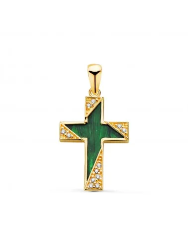 Cruz oro 18k amarillo malaquita detalles con circonitas