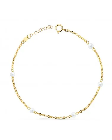 Pulsera oro 18k amarillo 5 perlas de 3,5 mm eslabón forzado