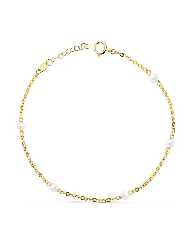 Pulsera oro 18k amarillo 5 perlas de 3,5 mm eslabón forzado