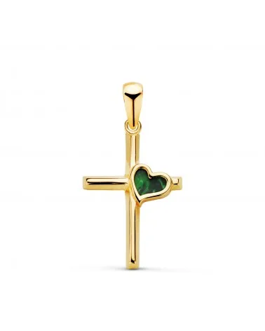 Cruz oro 18k amarillo con corazón de malaquita