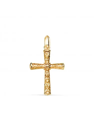 Cruz oro 18k amarillo calada detalles filigrana tubo oval