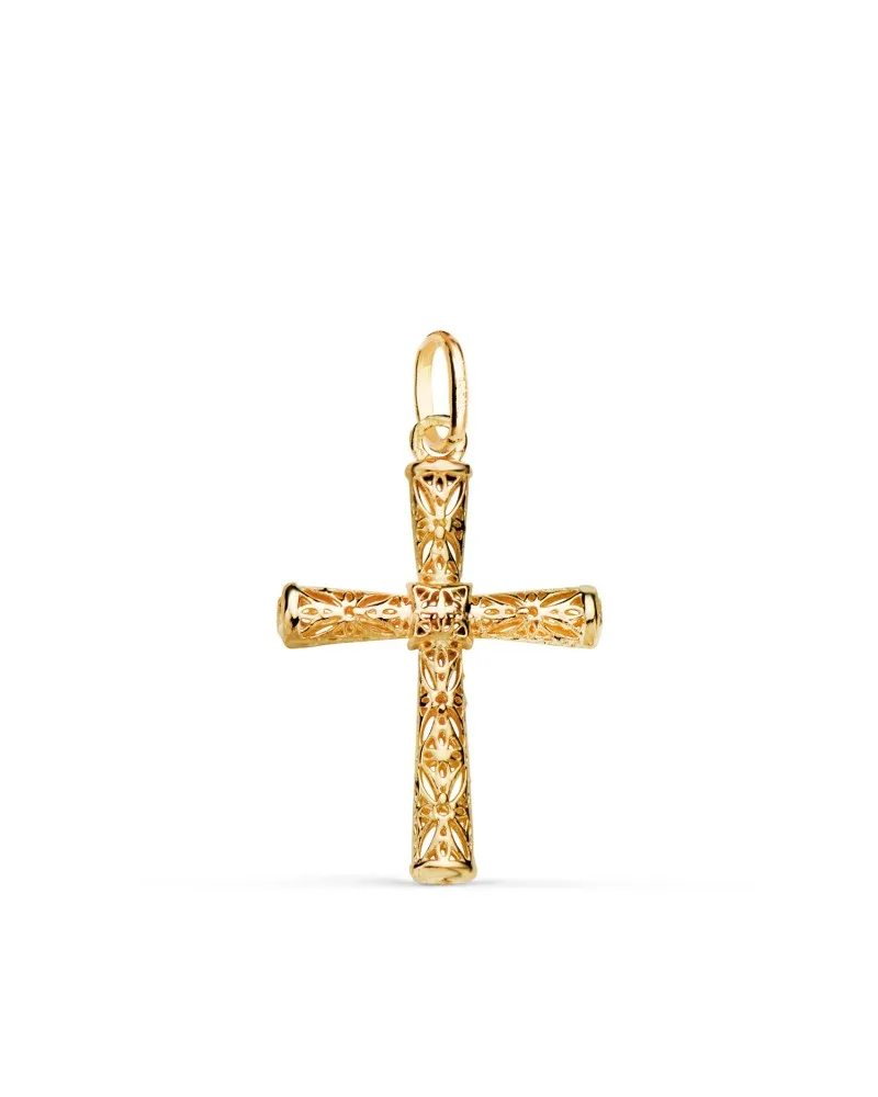 Cruz oro 18k amarillo calada detalles filigrana tubo oval