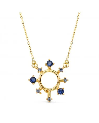 Colgante oro 18k amarillo rayos de sol y circonitas azules