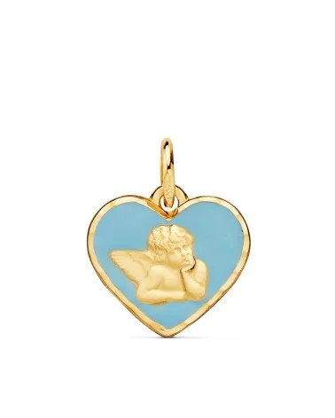 Medalla oro 18k amarillo corazón angelito burlón esmalte azul