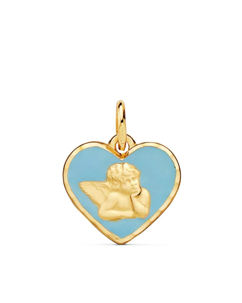 Medalla oro 18k amarillo corazón angelito burlón esmalte azul