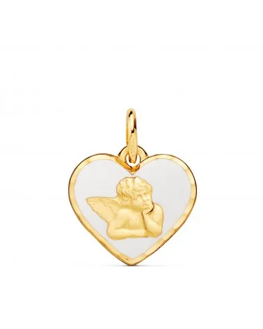 Medalla oro 18k amarillo corazón angelito burlón esmalte