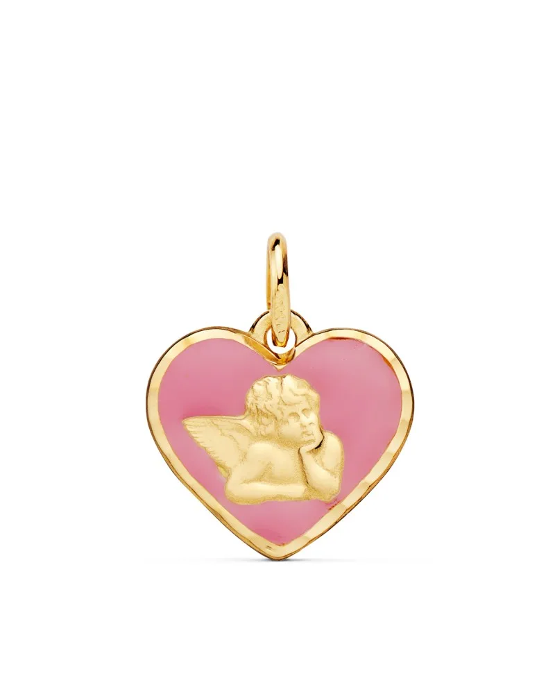 Medalla oro 18k amarillo corazón angelito burlón esmalte rosa