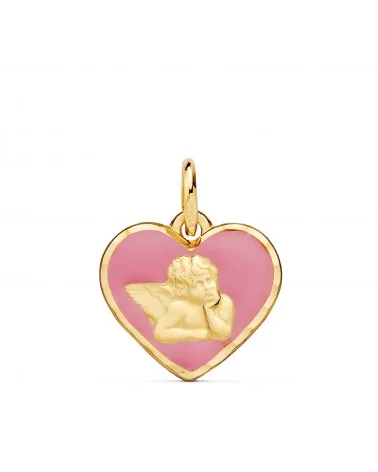 Medalla oro 18k amarillo corazón angelito burlón esmalte rosa