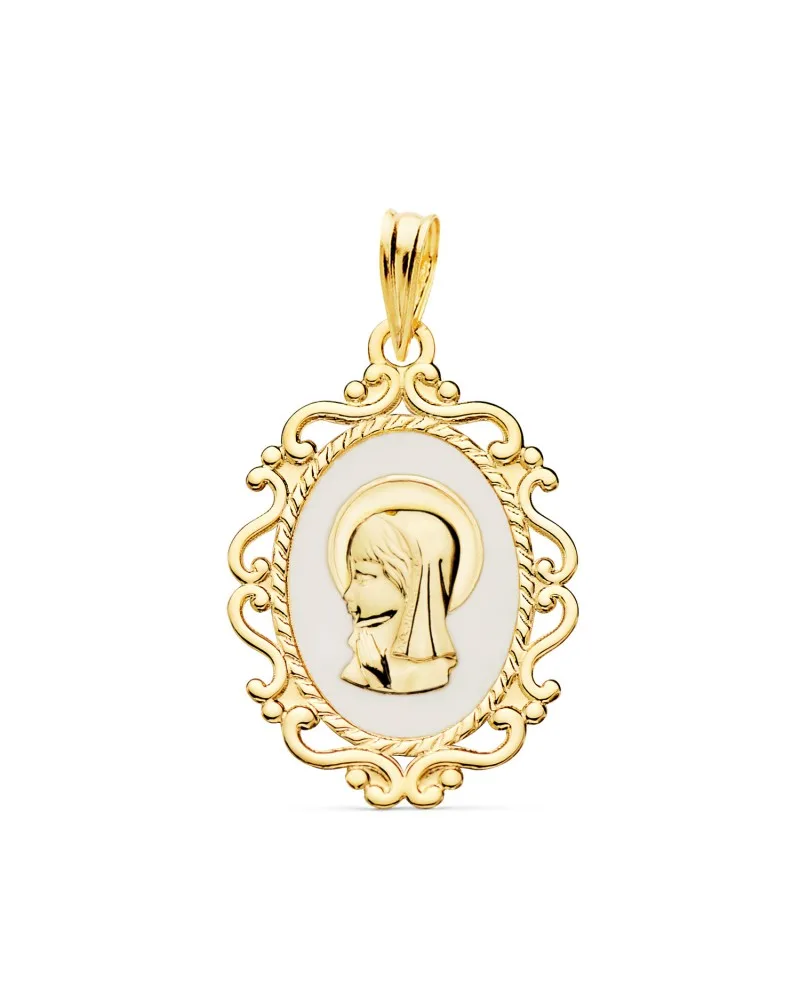 Medalla oro 18k amarillo Virgen Niña perfil esmalte blanco