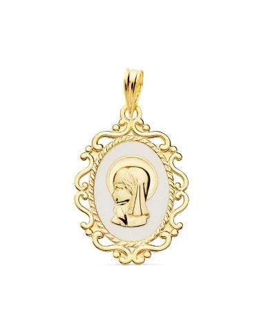 Medalla oro 18k amarillo Virgen Niña perfil esmalte blanco