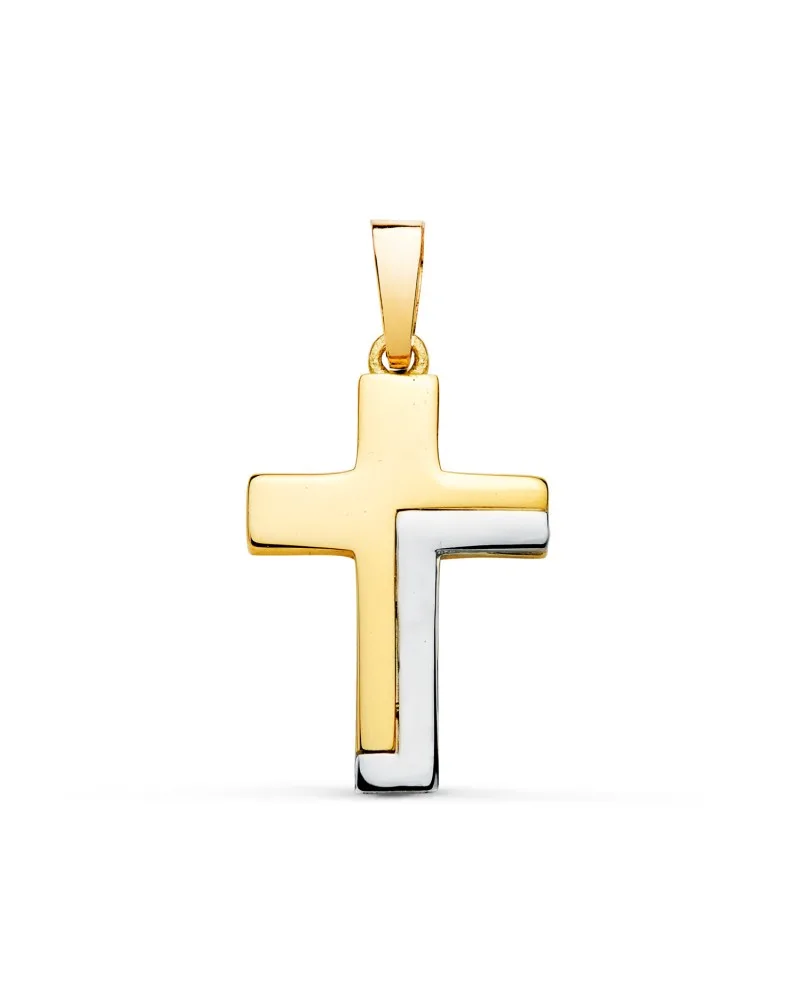 Cruz oro 18k bicolor lisa hueca palo rectangular brillo