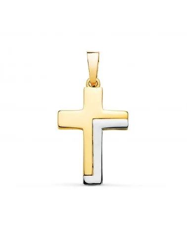 Cruz oro 18k bicolor lisa hueca palo rectangular brillo