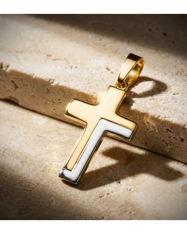 Cruz oro 18k bicolor lisa hueca palo rectangular brillo