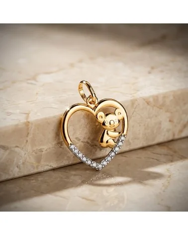 Colgante oro 18k bicolor corazón y koala con circonitas 16x15 mm