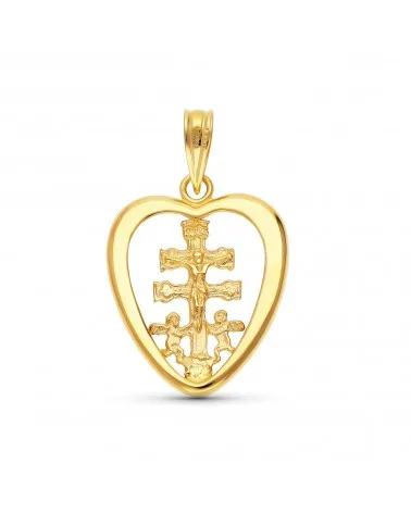 Colgante oro 18k amarillo cruz corazón Caravaca 20x16 mm