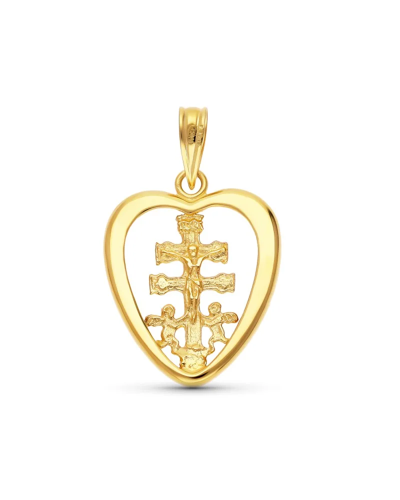 Colgante oro 18k amarillo cruz corazón Caravaca 20x16 mm