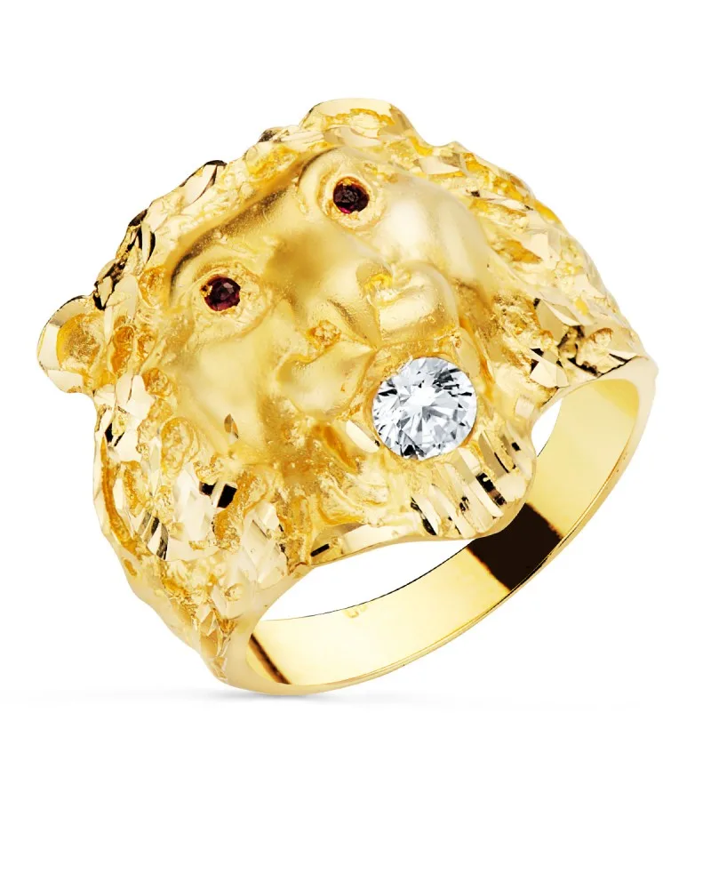 Sello oro 18k amarillo cabeza de leon con circonita y ojos